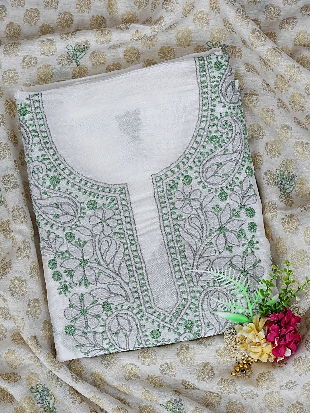 Ada Hand Embroidered White Chanderi Lucknowi Chikankari Unstitched Kurta Dupatta Set 01A871555