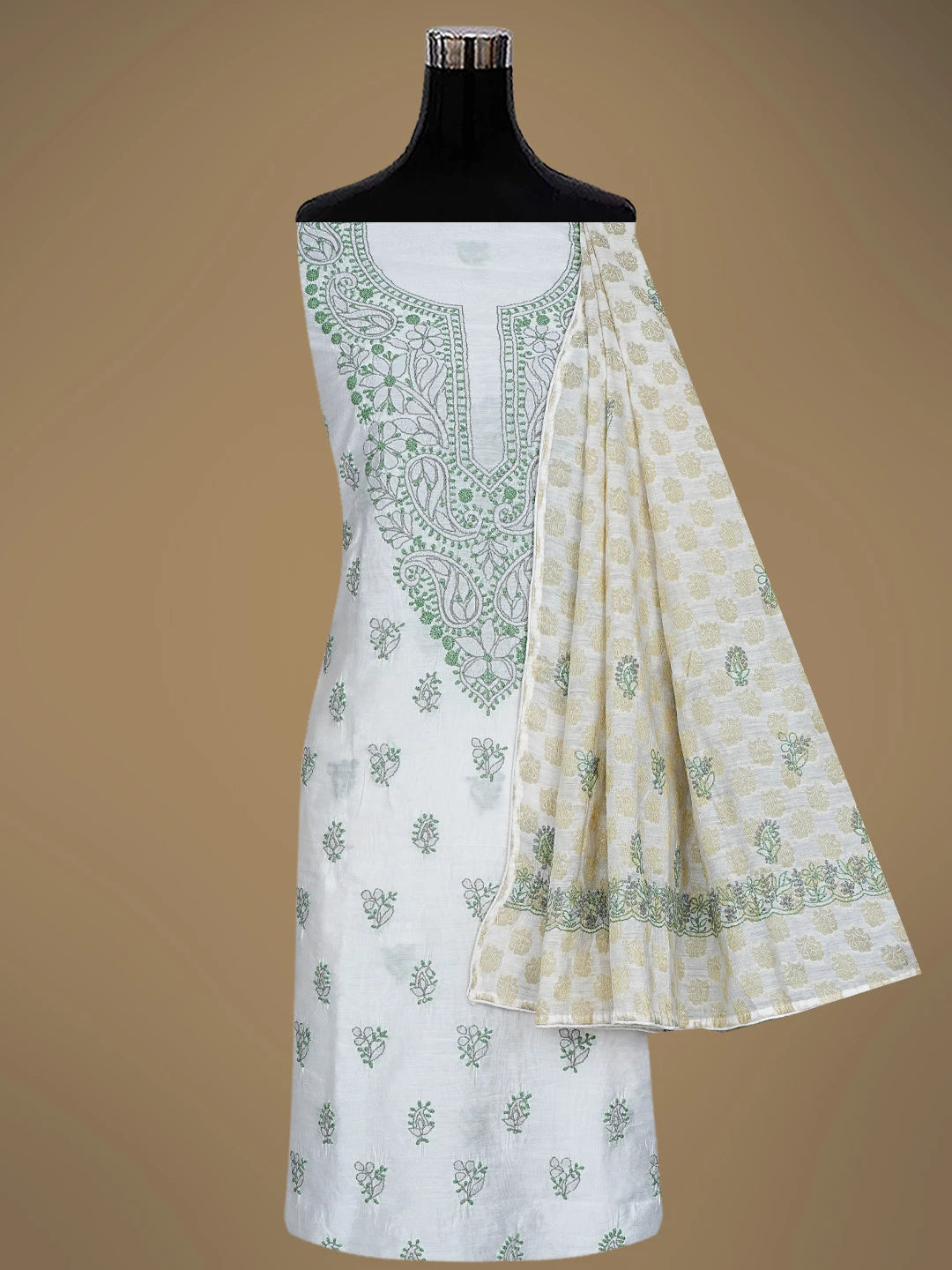 Ada Hand Embroidered White Chanderi Lucknowi Chikankari Unstitched Kurta Dupatta Set 01A871555