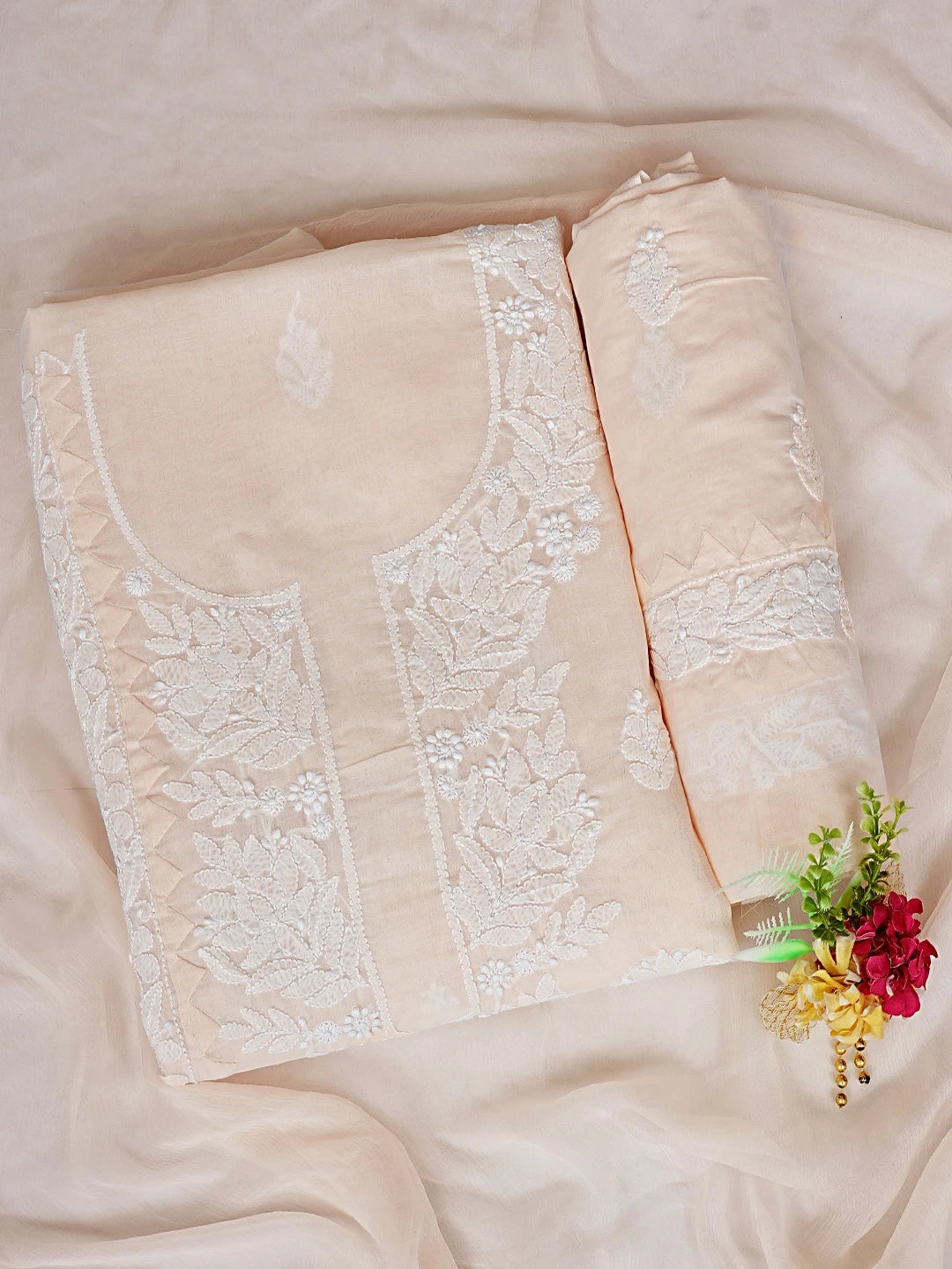 Ada Hand Embroidered Dusty Peach Cotton Lucknowi Chikankari Unstitched Suit Piece 01A871558