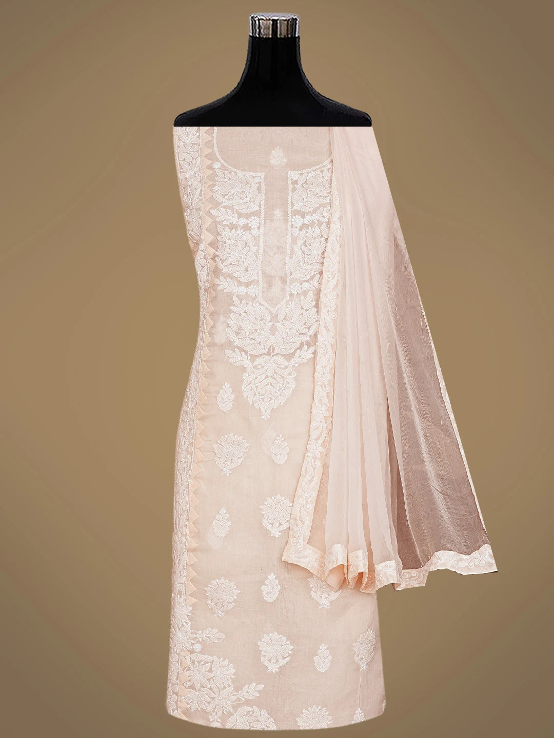 Ada Hand Embroidered Dusty Peach Cotton Lucknowi Chikankari Unstitched Suit Piece 01A871558