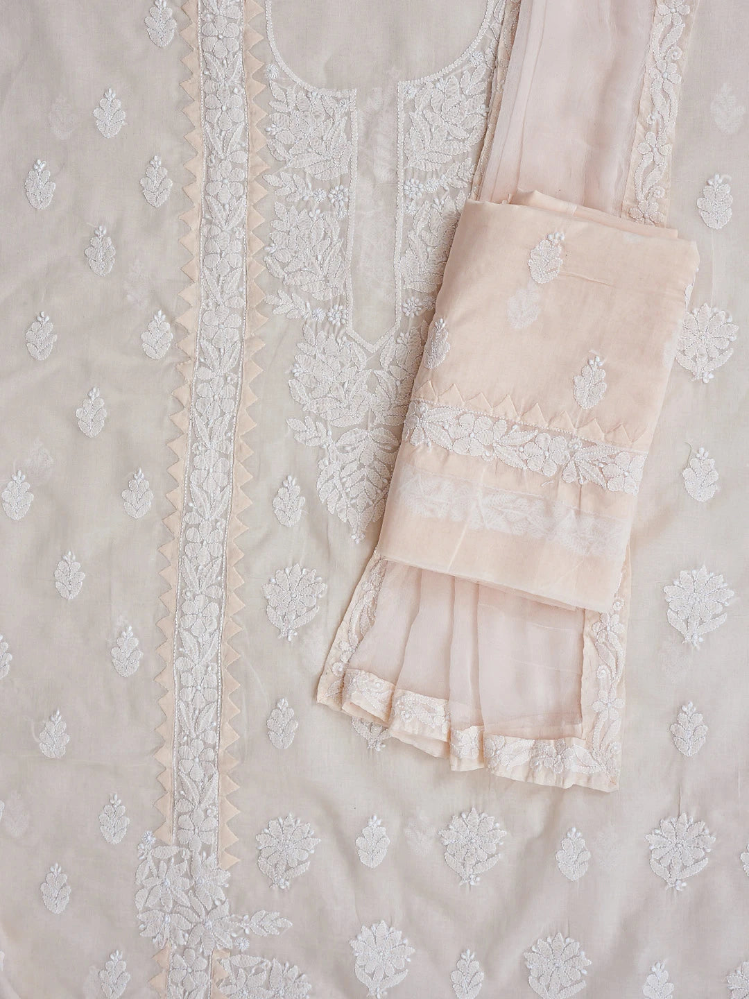 Ada Hand Embroidered Dusty Peach Cotton Lucknowi Chikankari Unstitched Suit Piece 01A871558
