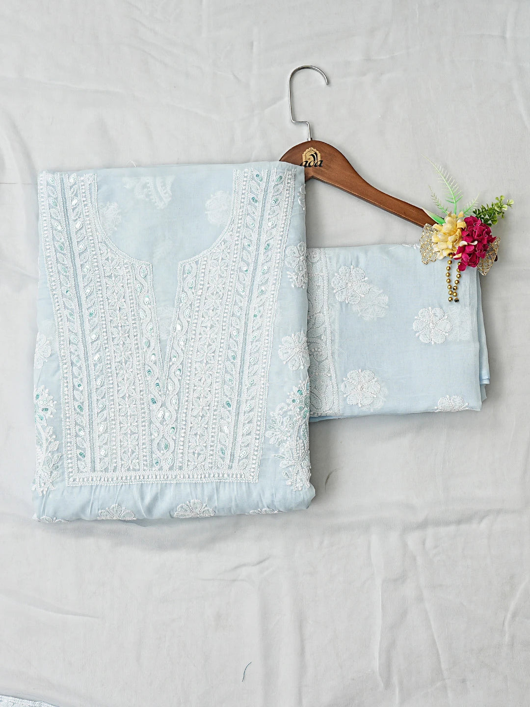 Ada Hand Embroidered Blue Chanderi Lucknowi Chikankari Unstitched Suit Piece With Cutdana Work 01A871539
