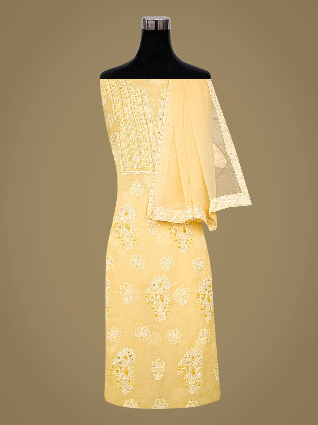 Ada Hand Embroidered Yellow Chanderi Lucknowi Chikankari Unstitched Suit Piece With Cutdana Work 01A871540