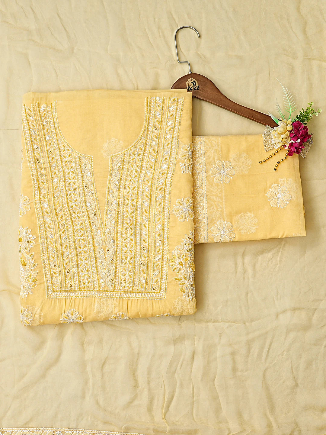 Ada Hand Embroidered Yellow Chanderi Lucknowi Chikankari Unstitched Suit Piece With Cutdana Work 01A871540