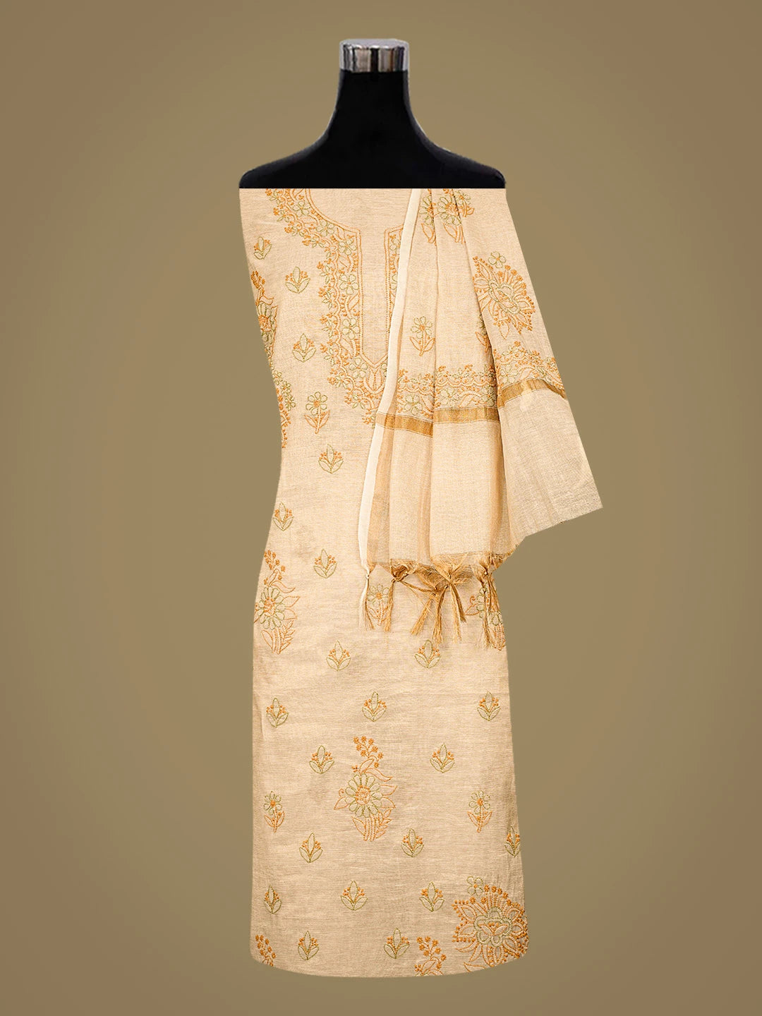 Ada Hand Embroidered Fawn Tissue Lucknowi Chikankari Unstitched Kurta Dupatta Set 01A871509