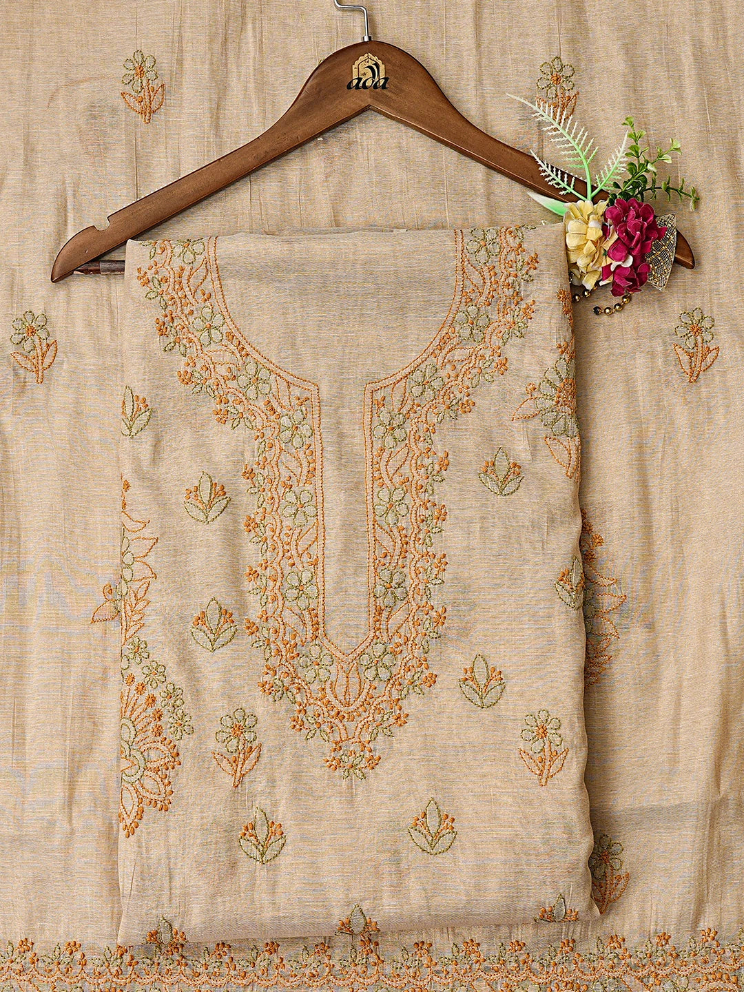 Ada Hand Embroidered Fawn Tissue Lucknowi Chikankari Unstitched Kurta Dupatta Set 01A871509