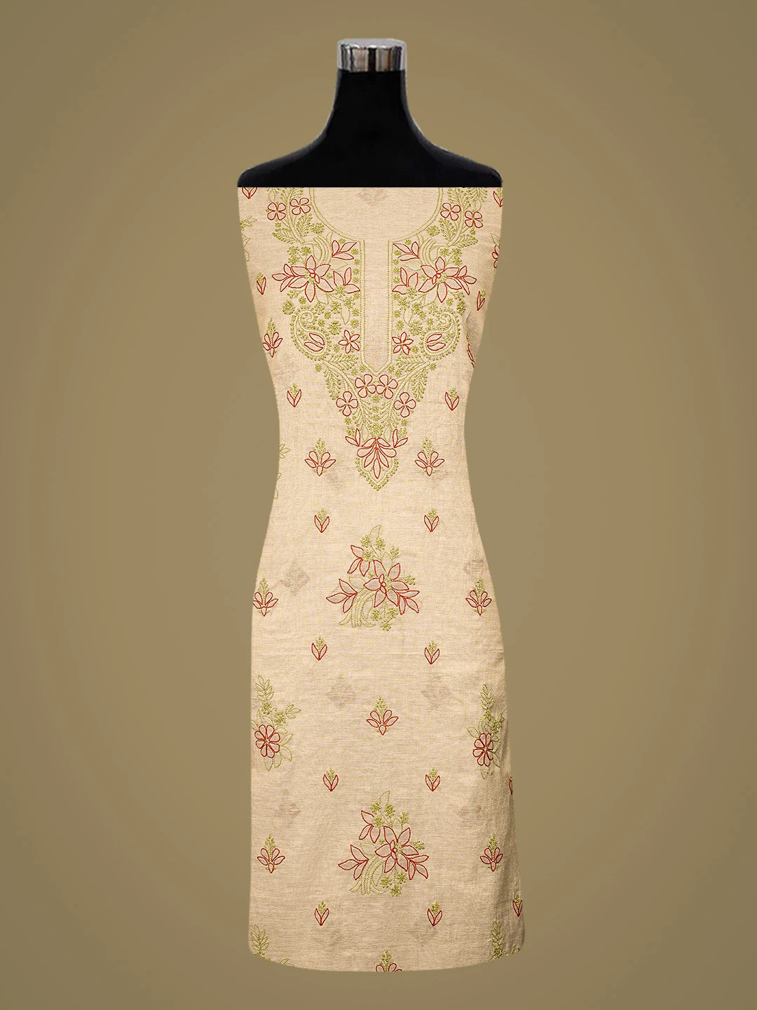 Ada Hand Embroidered Fawn Tissue Lucknowi Chikankari Unstitched Kurta Dupatta Set 01A871448