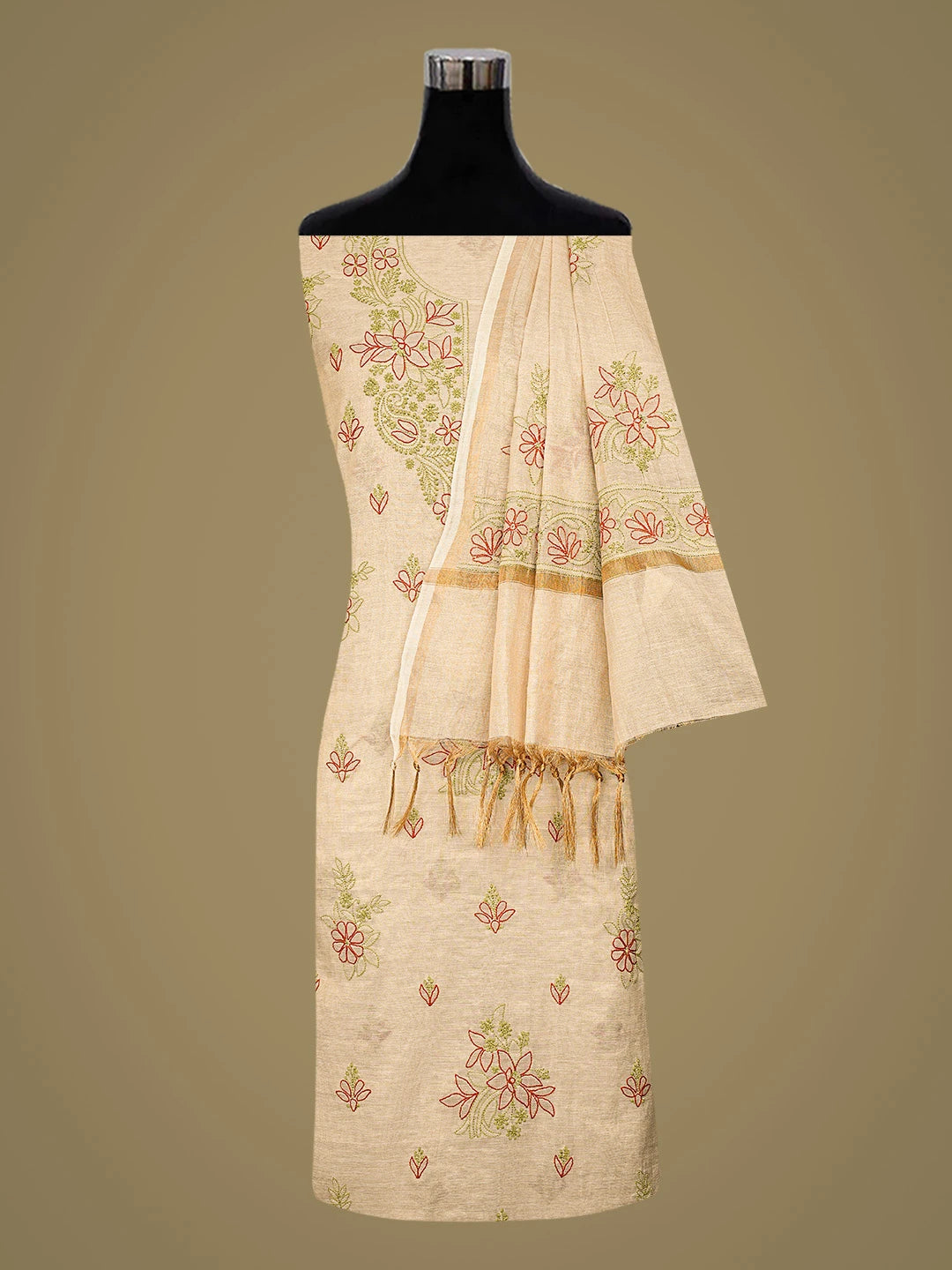 Ada Hand Embroidered Fawn Tissue Lucknowi Chikankari Unstitched Kurta Dupatta Set 01A871448