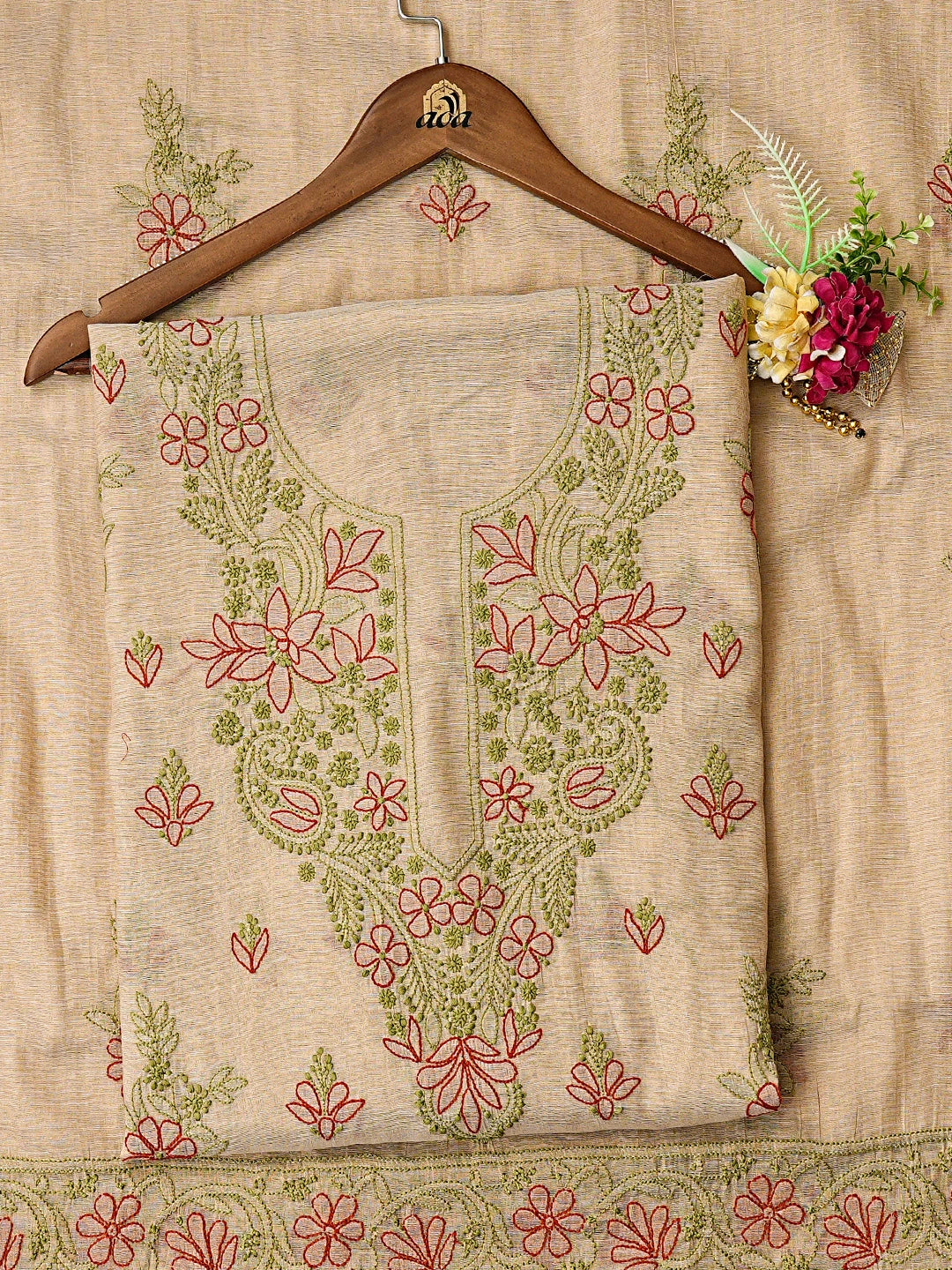 Ada Hand Embroidered Fawn Tissue Lucknowi Chikankari Unstitched Kurta Dupatta Set 01A871448