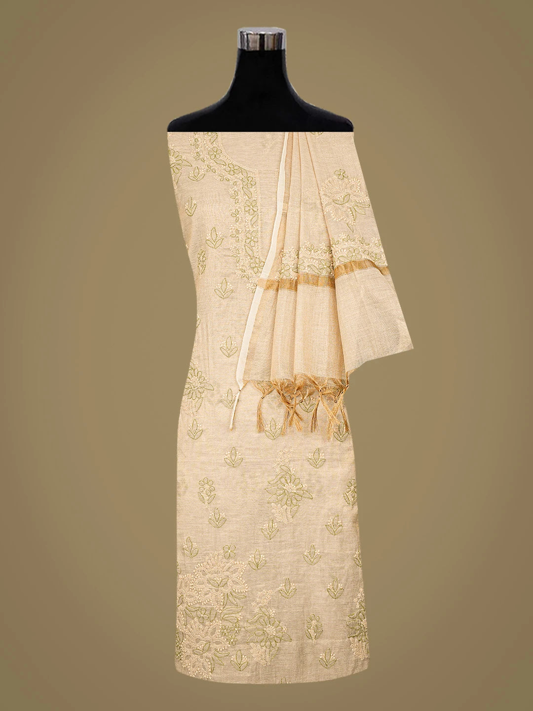 Ada Hand Embroidered Fawn Tissue Lucknowi Chikankari Unstitched Kurta Dupatta Set 01A871511