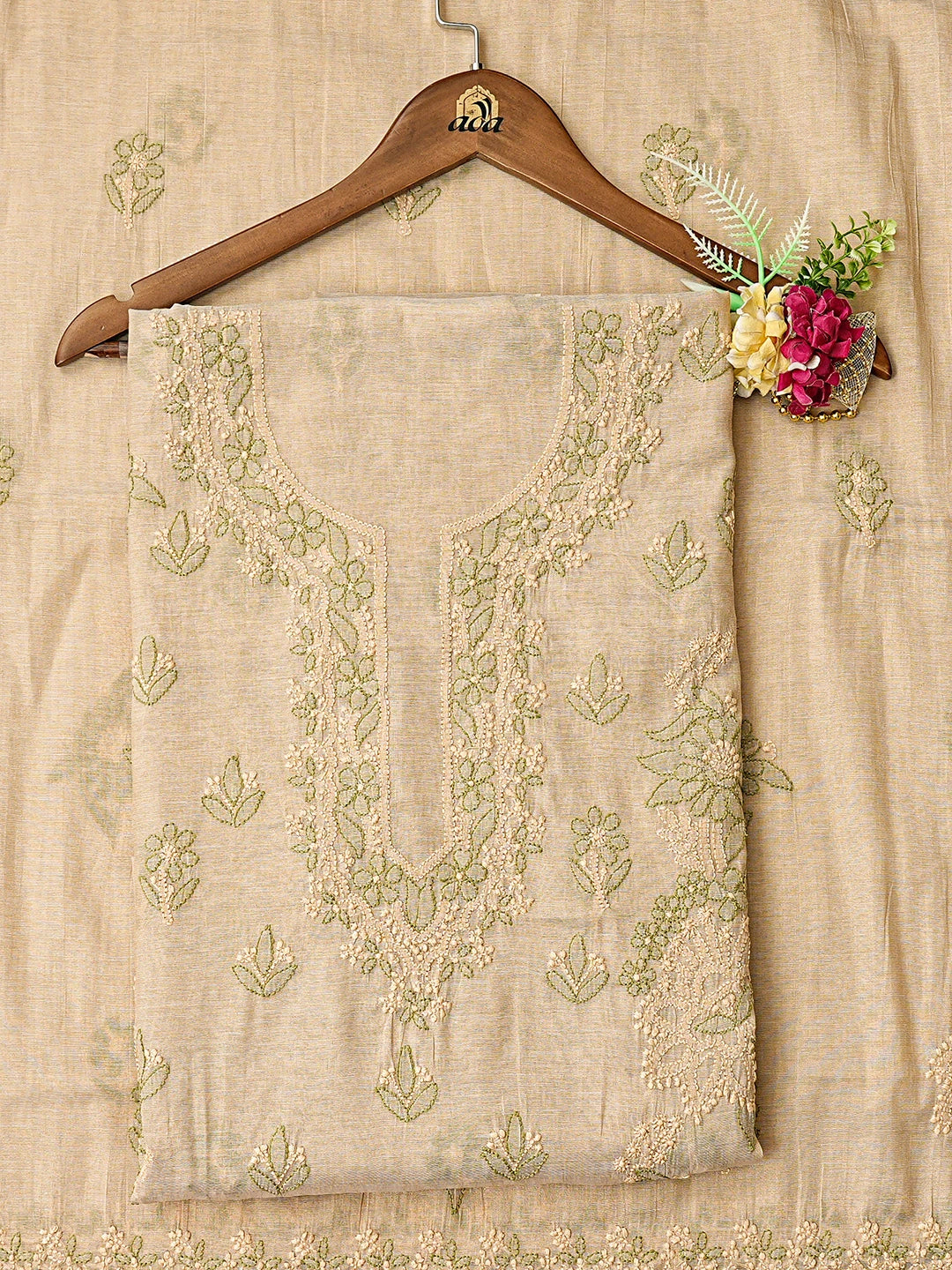Ada Hand Embroidered Fawn Tissue Lucknowi Chikankari Unstitched Kurta Dupatta Set 01A871511