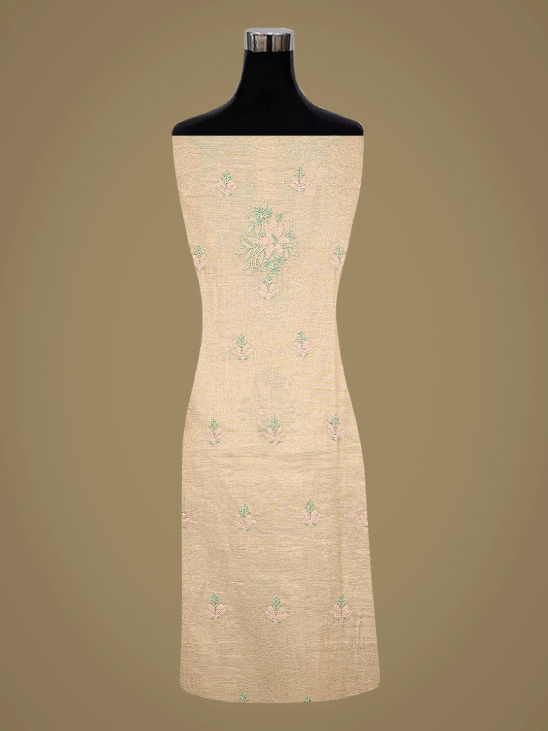 Ada Hand Embroidered Fawn Tissue Lucknowi Chikankari Unstitched Kurta Dupatta Set 01A871445