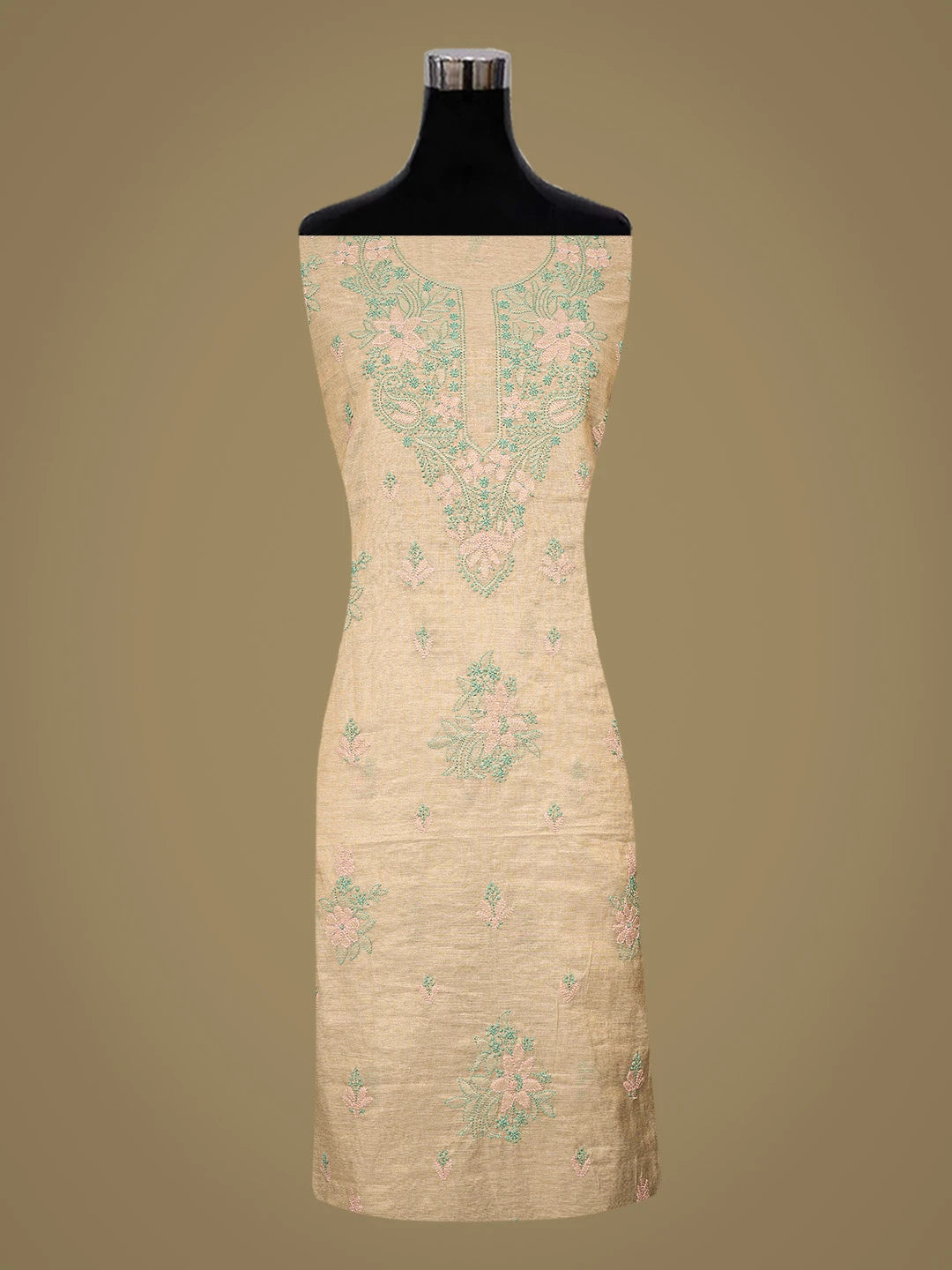 Ada Hand Embroidered Fawn Tissue Lucknowi Chikankari Unstitched Kurta Dupatta Set 01A871445