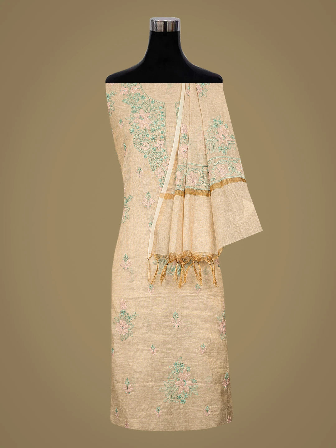 Ada Hand Embroidered Fawn Tissue Lucknowi Chikankari Unstitched Kurta Dupatta Set 01A871445