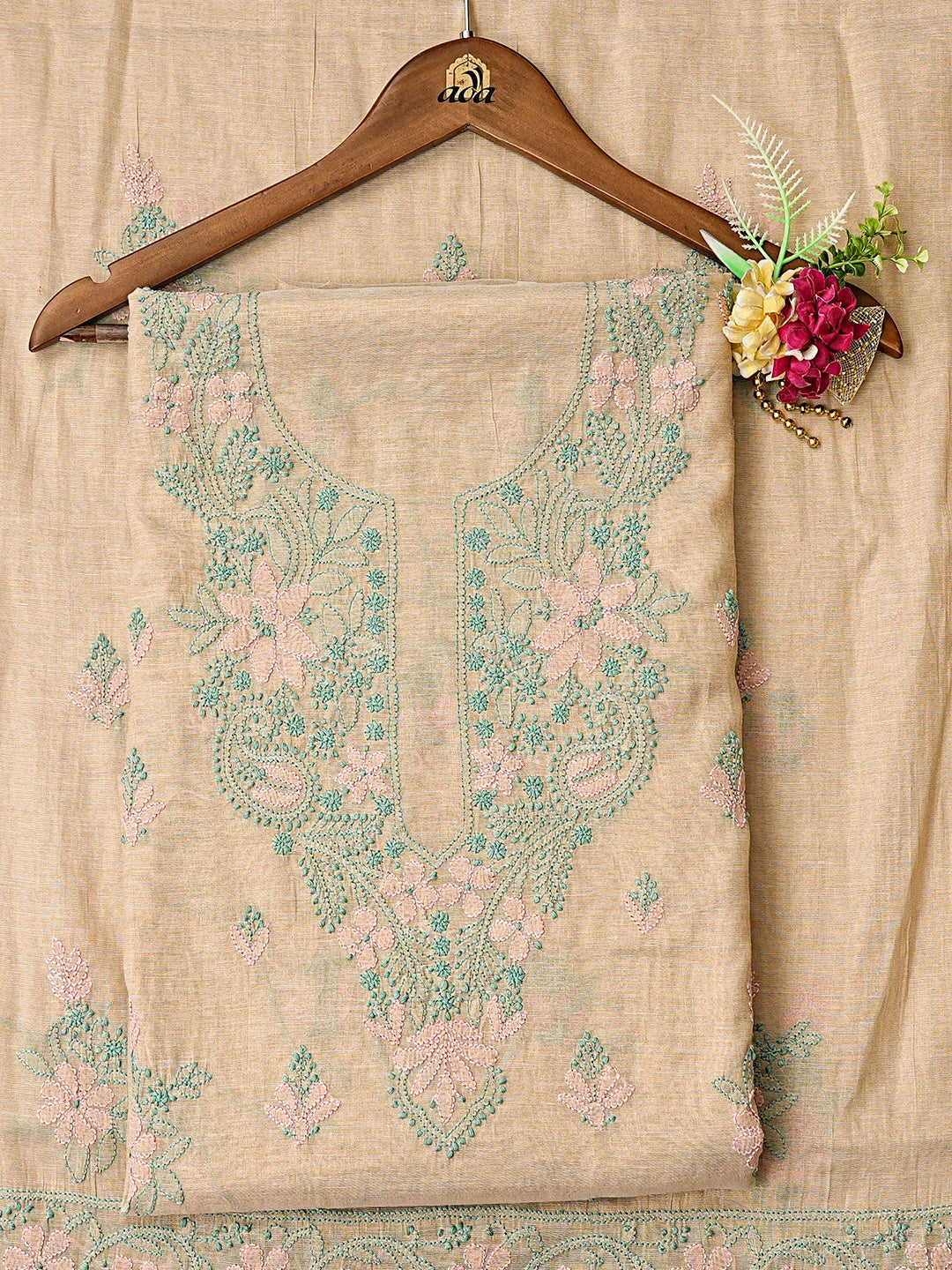 Ada Hand Embroidered Fawn Tissue Lucknowi Chikankari Unstitched Kurta Dupatta Set 01A871445