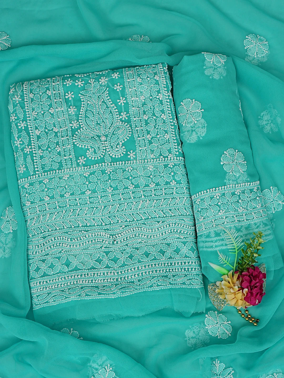 Ada Hand Embroidered Rama Green Georgette Lucknowi Chikankari Unstitched Suit Piece 01A835658