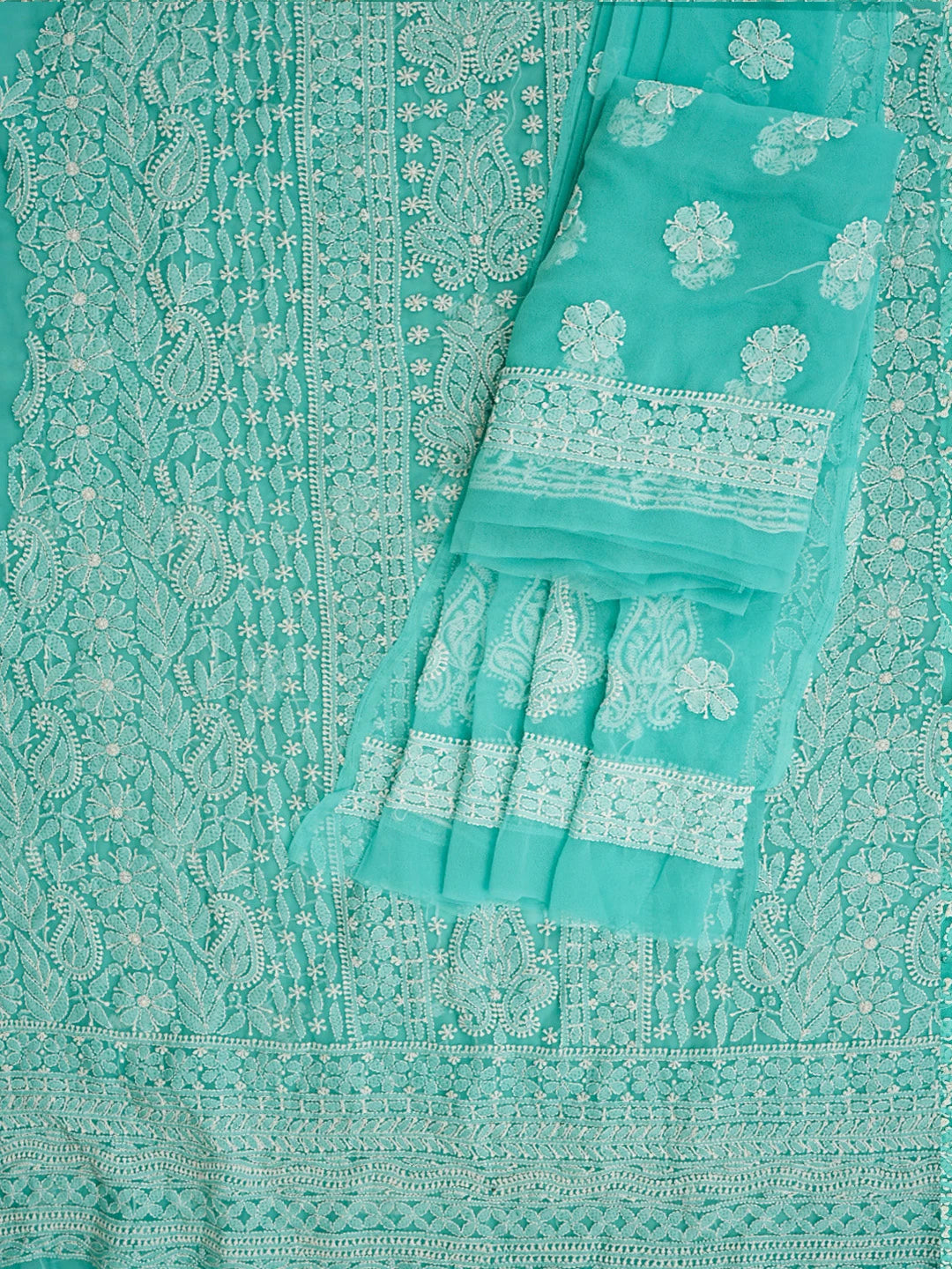 Ada Hand Embroidered Rama Green Georgette Lucknowi Chikankari Unstitched Suit Piece 01A835658