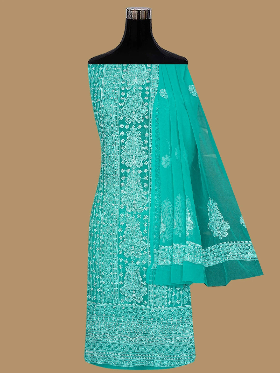 Ada Hand Embroidered Rama Green Georgette Lucknowi Chikankari Unstitched Suit Piece 01A835658