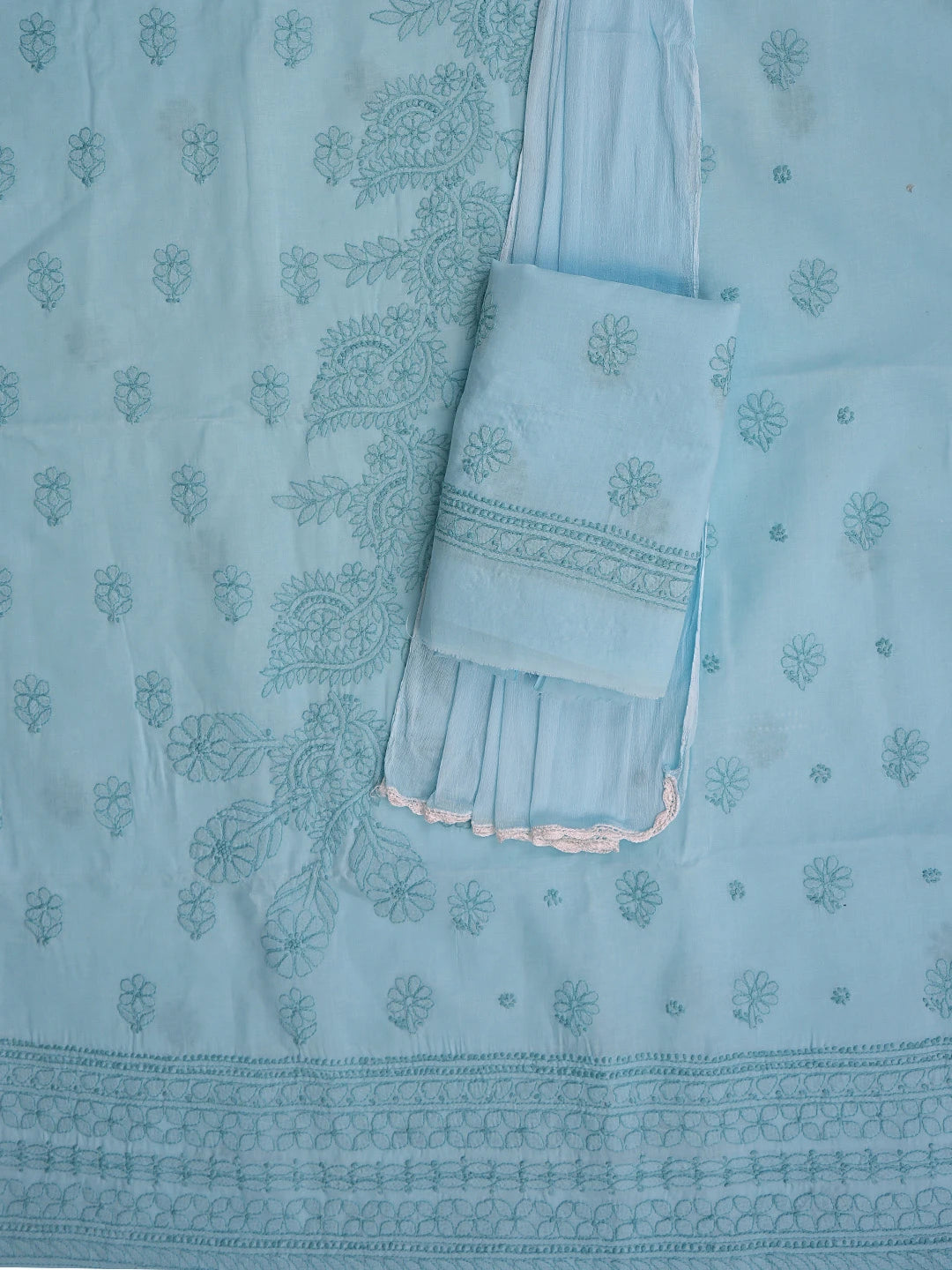 Ada Hand Embroidered Blue Cotton Lucknowi Chikankari Unstitched Suit Piece 01A816505