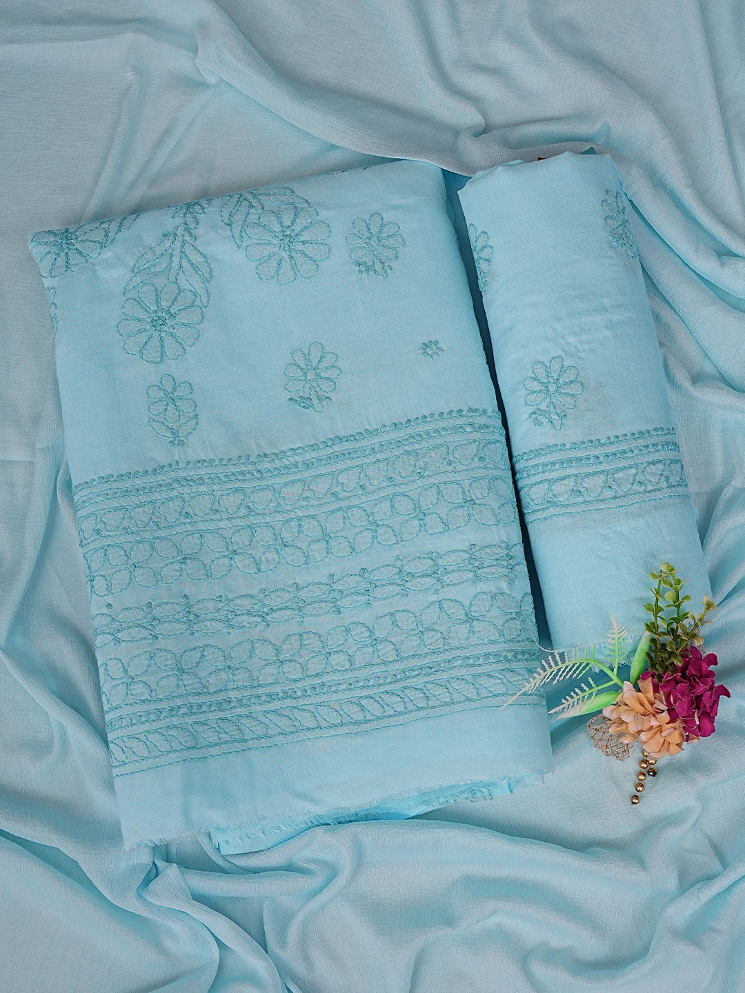 Ada Hand Embroidered Blue Cotton Lucknowi Chikankari Unstitched Suit Piece 01A816505