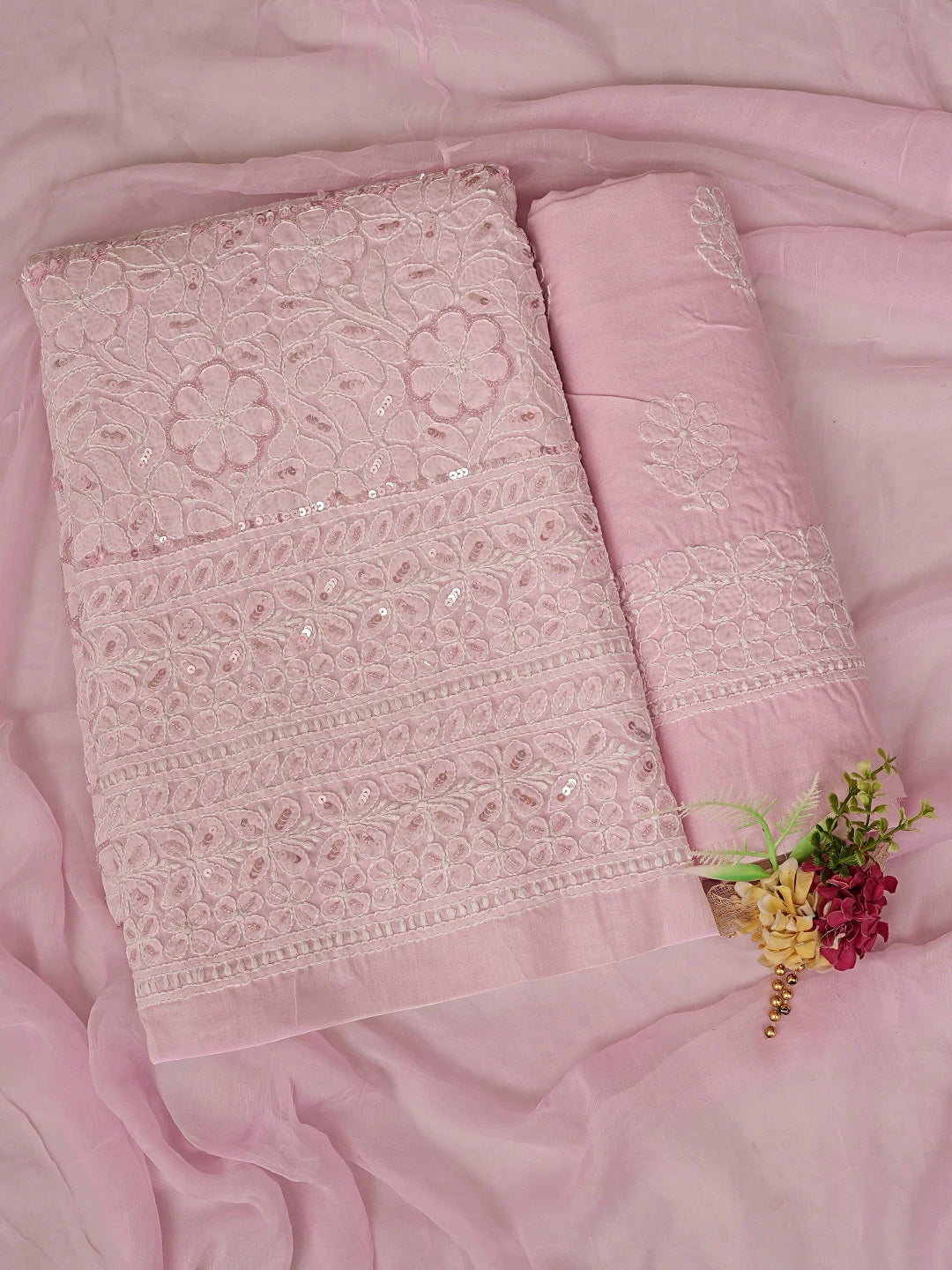Ada Hand Embroidered Pink Cotton Lucknowi Chikankari Unstitched Suit Piece With Pearl Work 01A791026