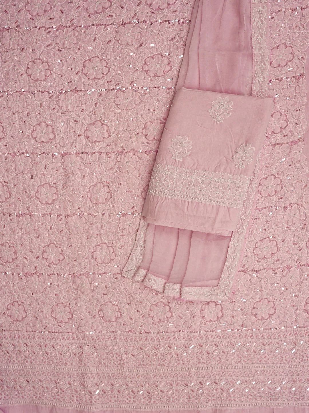 Ada Hand Embroidered Pink Cotton Lucknowi Chikankari Unstitched Suit Piece With Pearl Work 01A791026