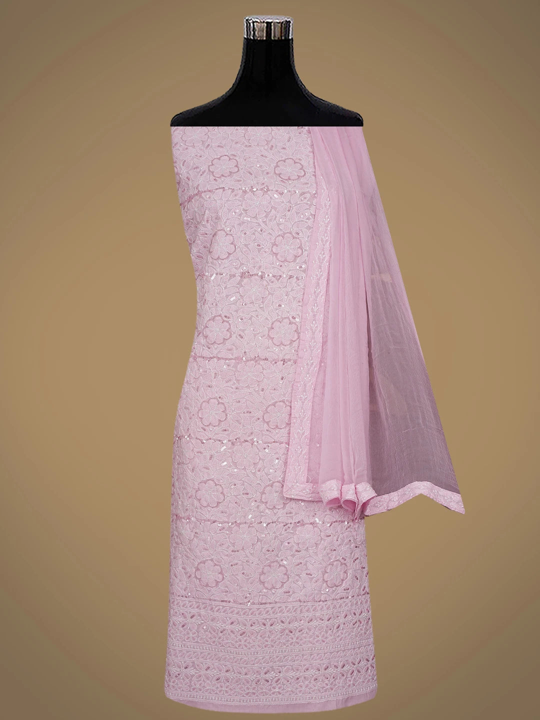 Ada Hand Embroidered Pink Cotton Lucknowi Chikankari Unstitched Suit Piece With Pearl Work 01A791026