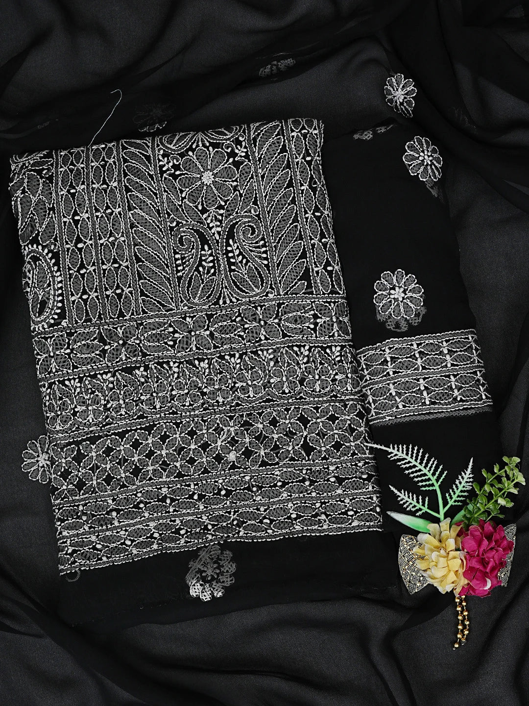 Ada Hand Embroidered Black Georgette Lucknowi Chikankari Unstitched Suit Piece 01A835645