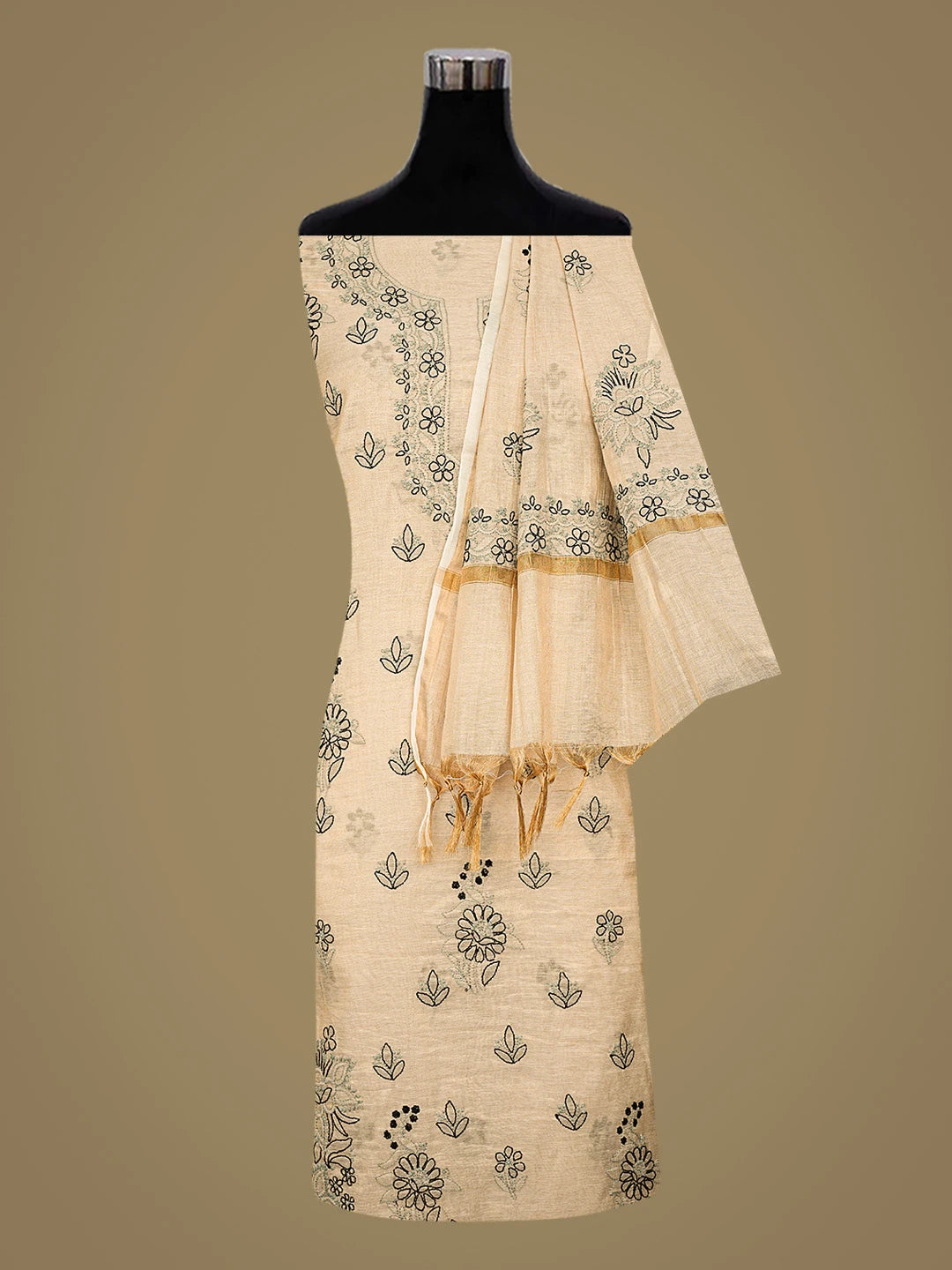 Ada Hand Embroidered Fawn Tissue Lucknowi Chikankari Unstitched Kurta Dupatta Set 01A871493
