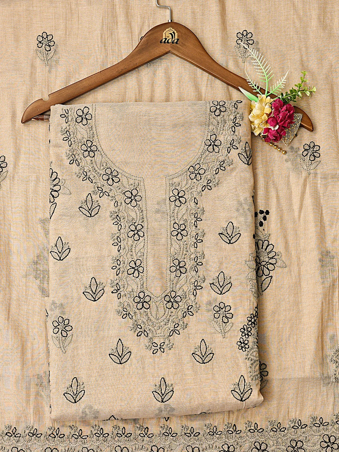 Ada Hand Embroidered Fawn Tissue Lucknowi Chikankari Unstitched Kurta Dupatta Set 01A871493