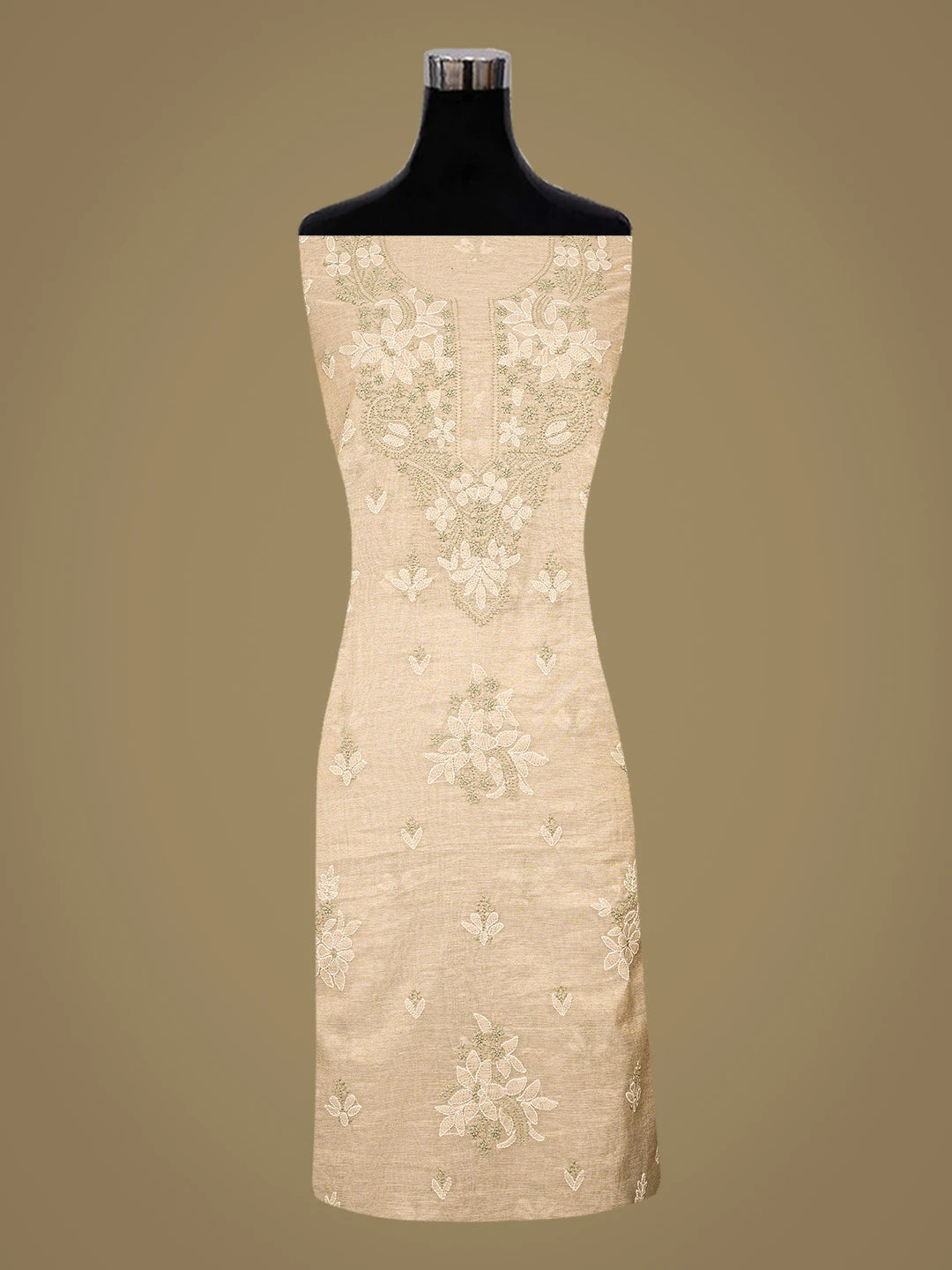 Ada Hand Embroidered Fawn Tissue Lucknowi Chikankari Unstitched Kurta Dupatta Set 01A871454