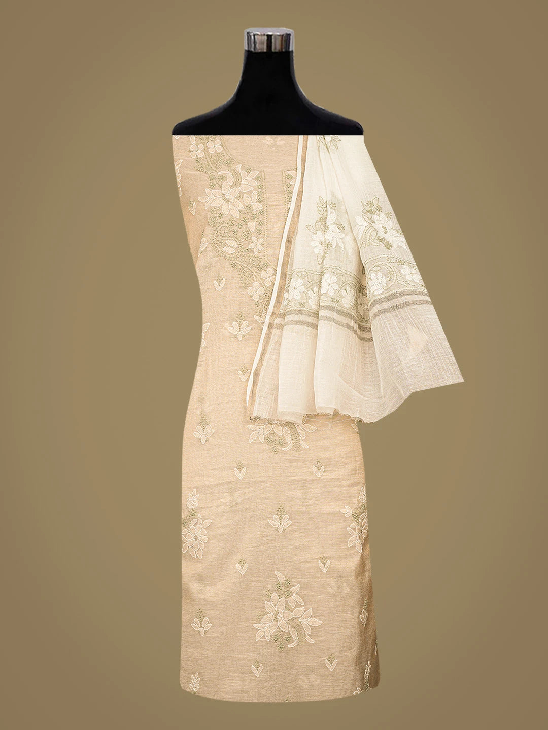 Ada Hand Embroidered Fawn Tissue Lucknowi Chikankari Unstitched Kurta Dupatta Set 01A871454