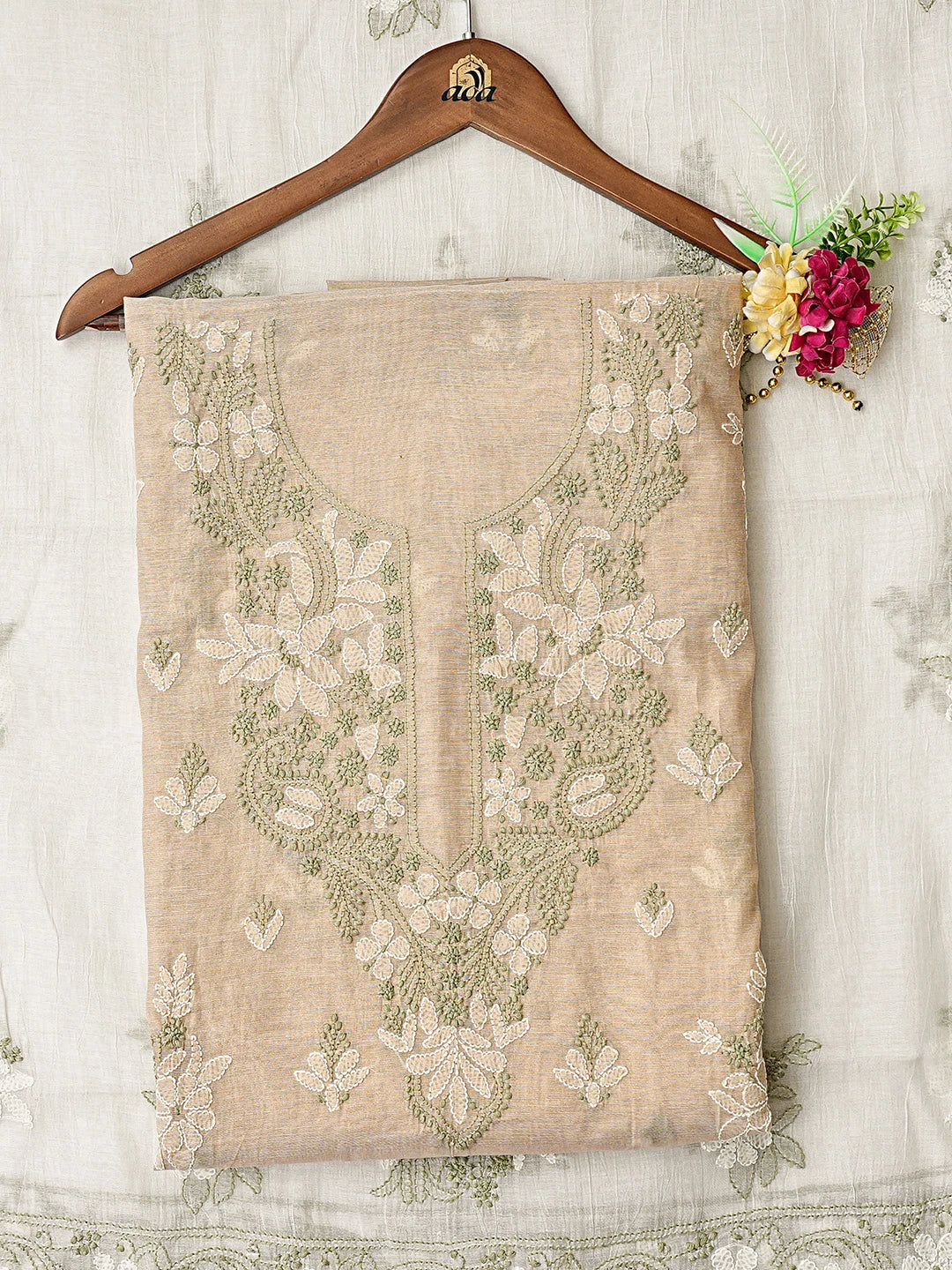 Ada Hand Embroidered Fawn Tissue Lucknowi Chikankari Unstitched Kurta Dupatta Set 01A871454
