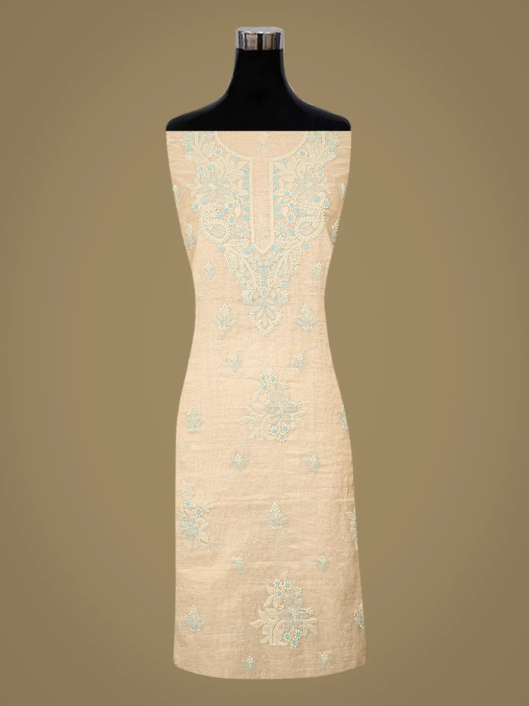 Ada Hand Embroidered Fawn Tissue Lucknowi Chikankari Unstitched Kurta Dupatta Set 01A871464