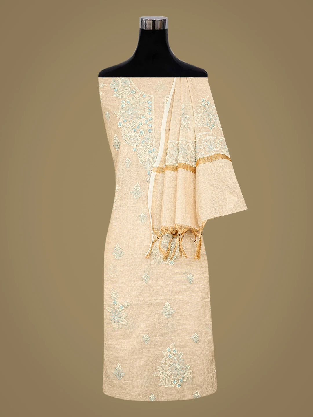 Ada Hand Embroidered Fawn Tissue Lucknowi Chikankari Unstitched Kurta Dupatta Set 01A871464