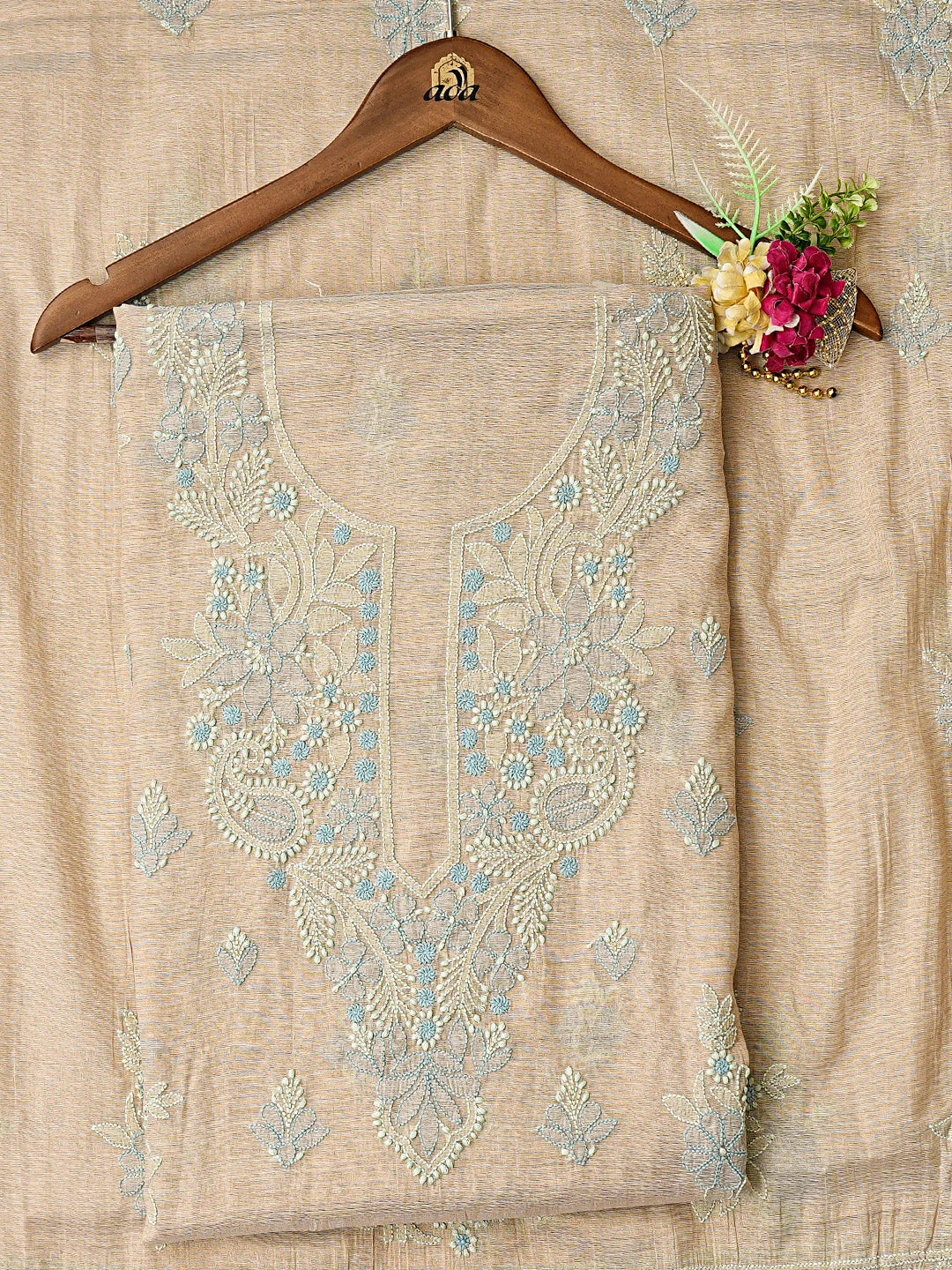 Ada Hand Embroidered Fawn Tissue Lucknowi Chikankari Unstitched Kurta Dupatta Set 01A871464