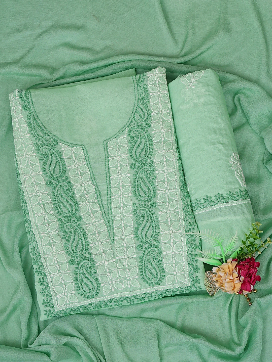 Ada Hand Embroidered Sea Green Cotton Lucknowi Chikankari Unstitched Suit Piece 01A873268