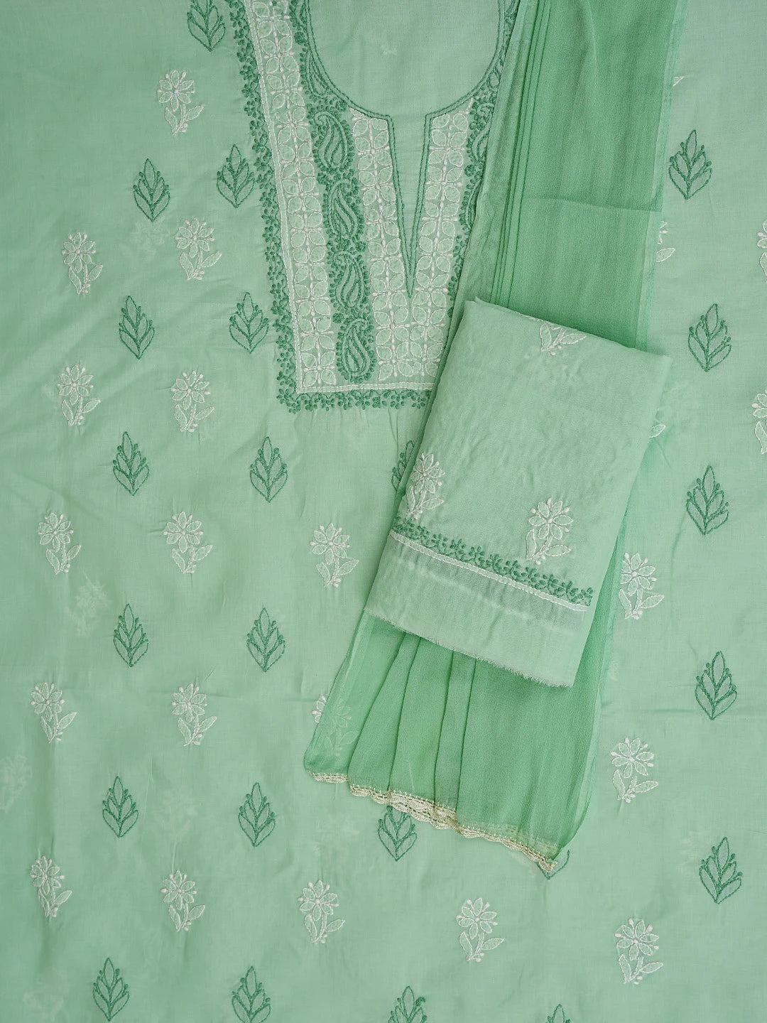 Ada Hand Embroidered Sea Green Cotton Lucknowi Chikankari Unstitched Suit Piece 01A873268