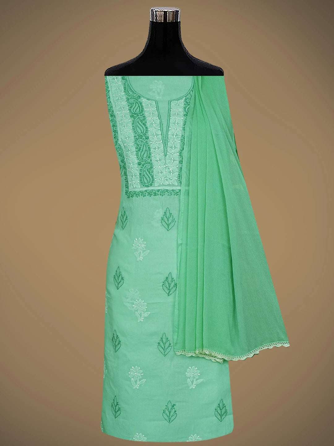 Ada Hand Embroidered Sea Green Cotton Lucknowi Chikankari Unstitched Suit Piece 01A873268