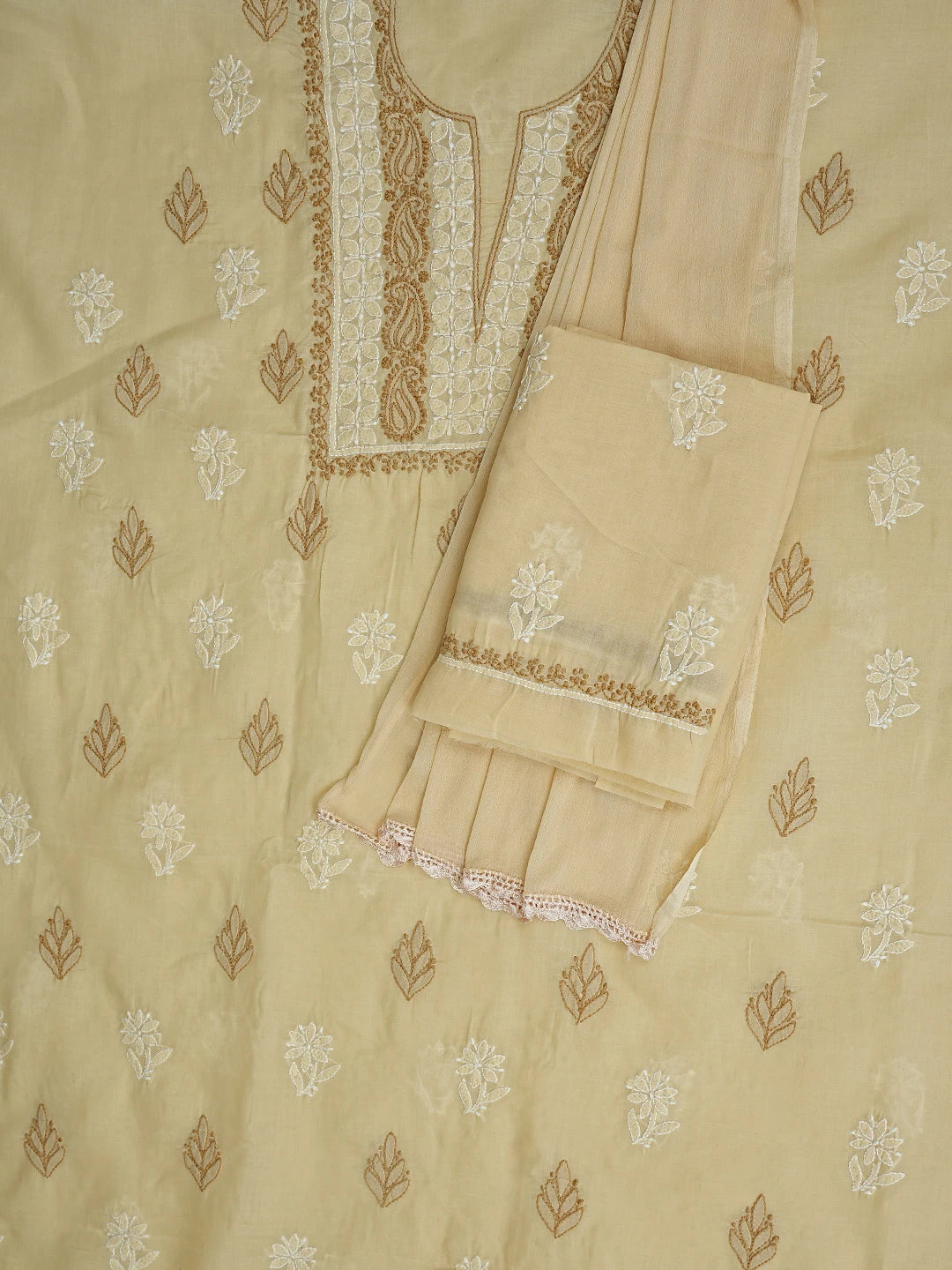 Ada Hand Embroidered Fawn Cotton Lucknowi Chikankari Unstitched Suit Piece 01A873267