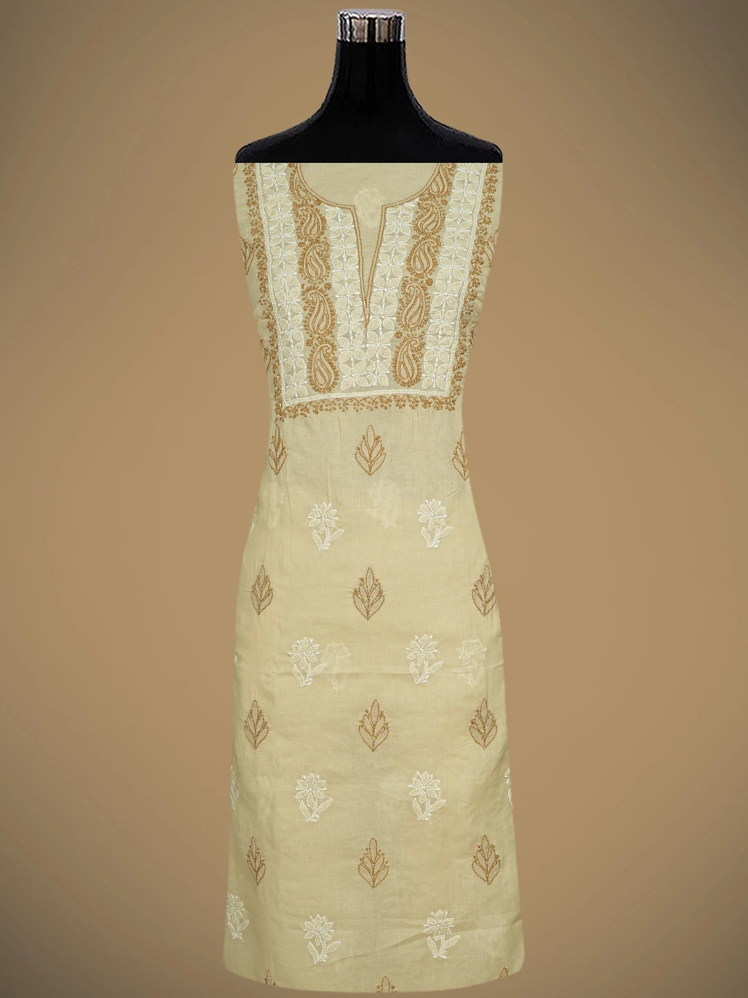 Ada Hand Embroidered Fawn Cotton Lucknowi Chikankari Unstitched Suit Piece 01A873267