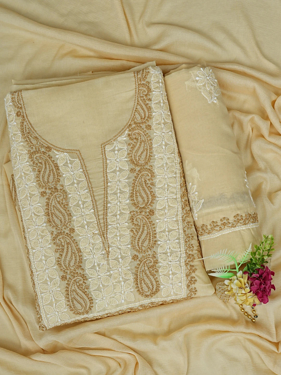 Ada Hand Embroidered Fawn Cotton Lucknowi Chikankari Unstitched Suit Piece 01A873267
