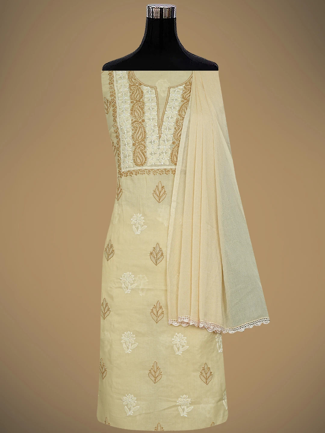 Ada Hand Embroidered Fawn Cotton Lucknowi Chikankari Unstitched Suit Piece 01A873267