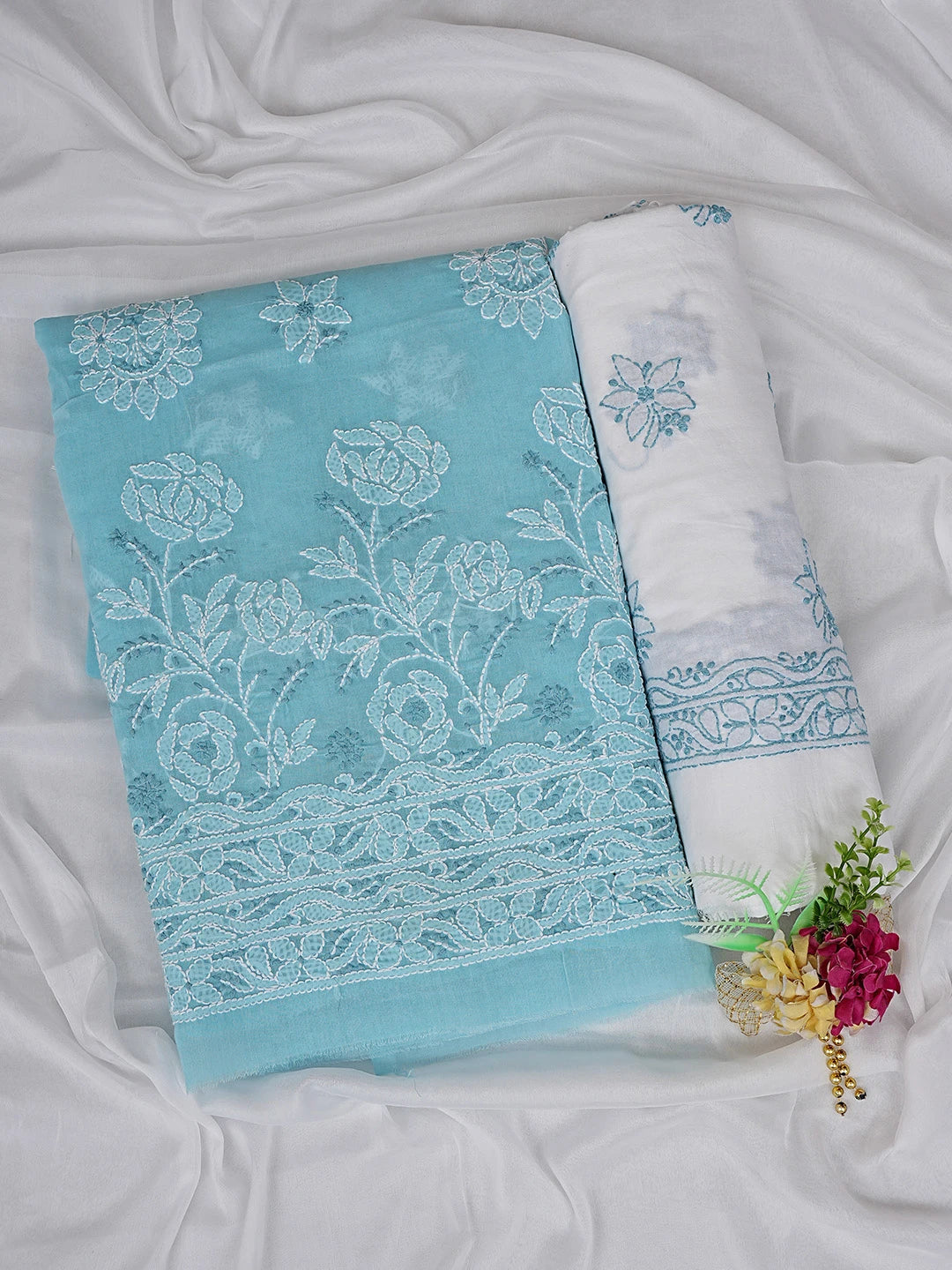 Ada Hand Embroidered Blue Cotton Lucknowi Chikankari Unstitched Suit Piece 01A867722