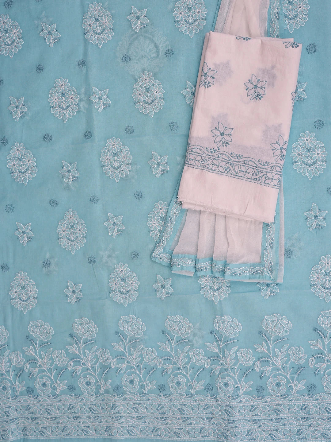 Ada Hand Embroidered Blue Cotton Lucknowi Chikankari Unstitched Suit Piece 01A867722
