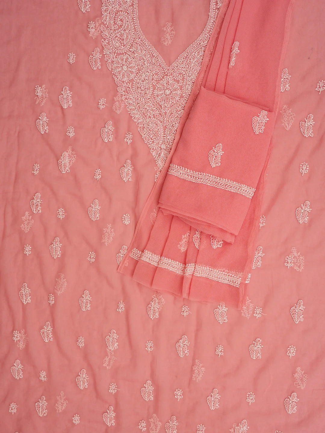 Ada Hand Embroidered Peach Georgette Lucknowi Chikankari Unstitched Suit Piece 01A866746