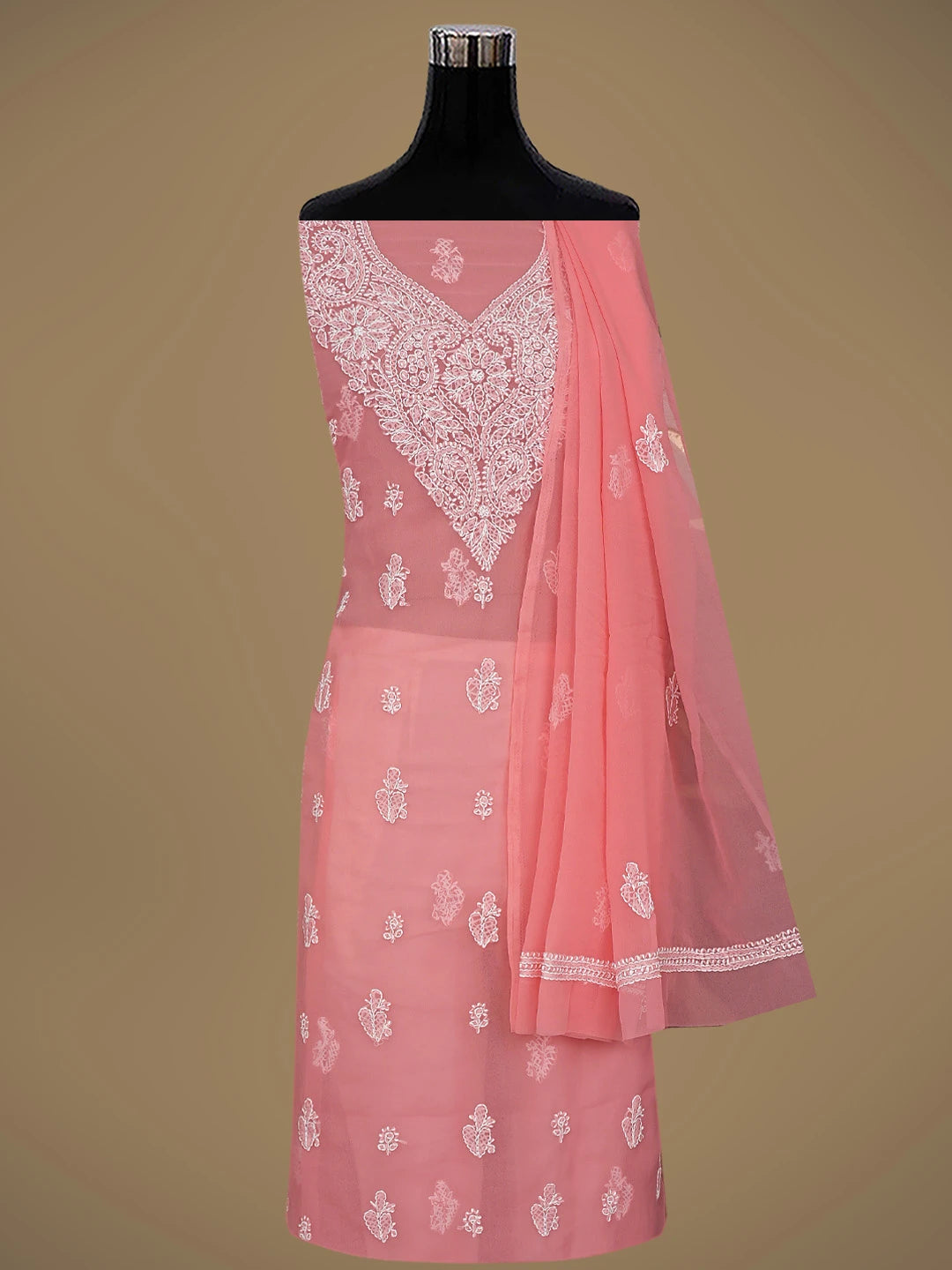 Ada Hand Embroidered Peach Georgette Lucknowi Chikankari Unstitched Suit Piece 01A866746