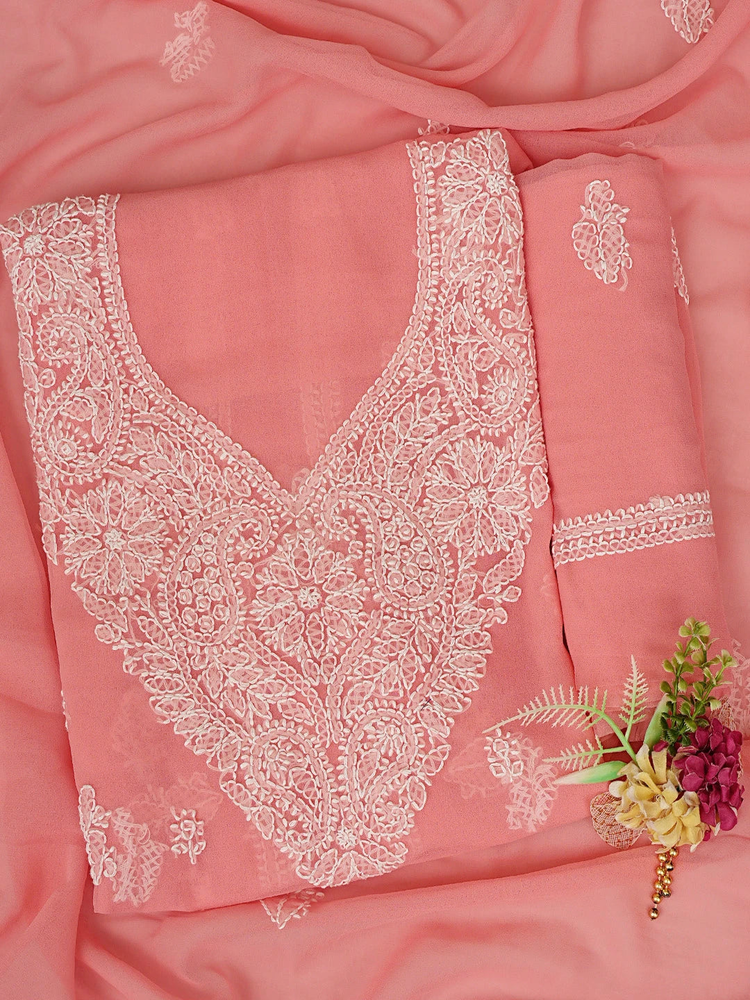 Ada Hand Embroidered Peach Georgette Lucknowi Chikankari Unstitched Suit Piece 01A866746