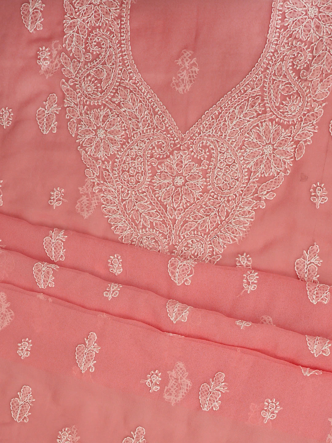 Ada Hand Embroidered Peach Georgette Lucknowi Chikankari Unstitched Suit Piece 01A866746