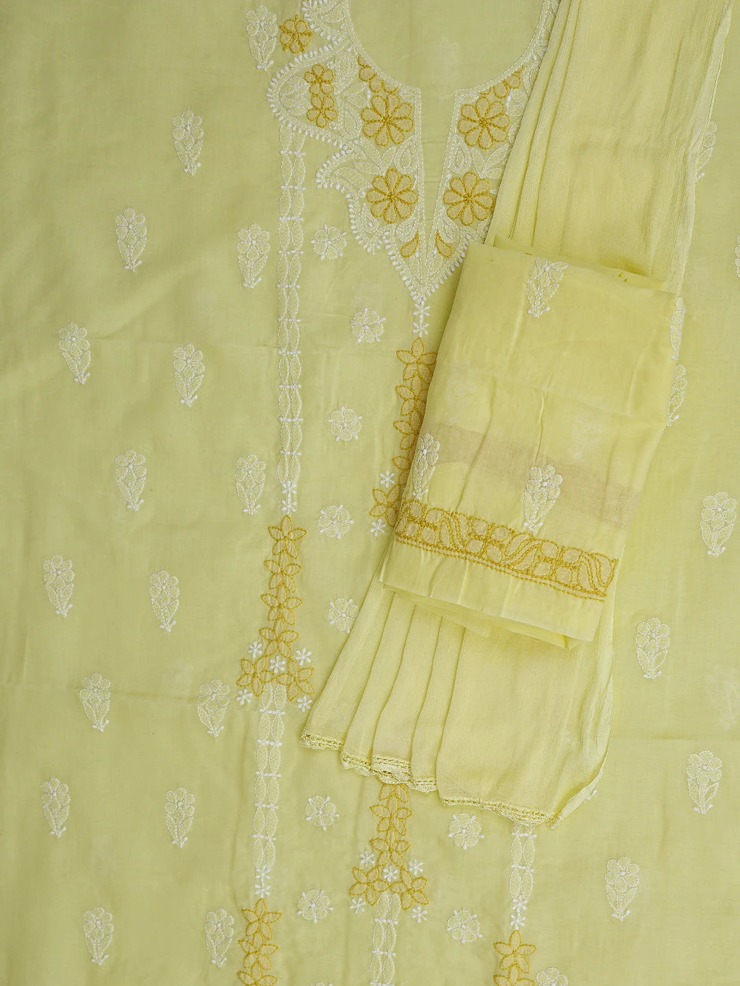 Ada Hand Embroidered Lemon Cotton Lucknowi Chikankari Unstitched Suit Piece 01A873281